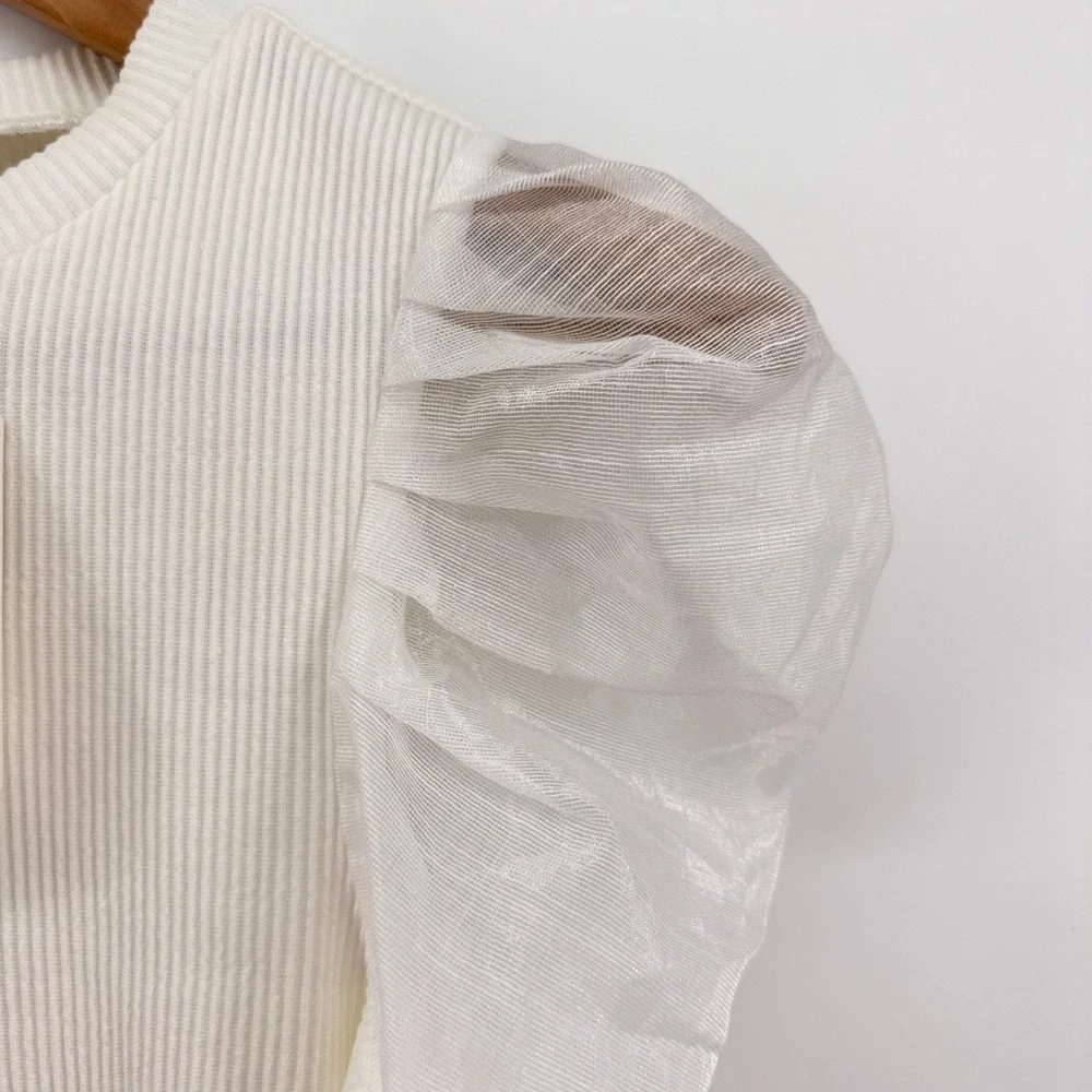 NWT Anthropologie Dolan Left Coast Ribbed Puff Sheer Sleeve Top‎ White Blouse XS